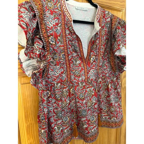 See and Be Seen Short Sleeve Top Size LG Red Print Tassels PERF for Fall - Picture 6 of 6